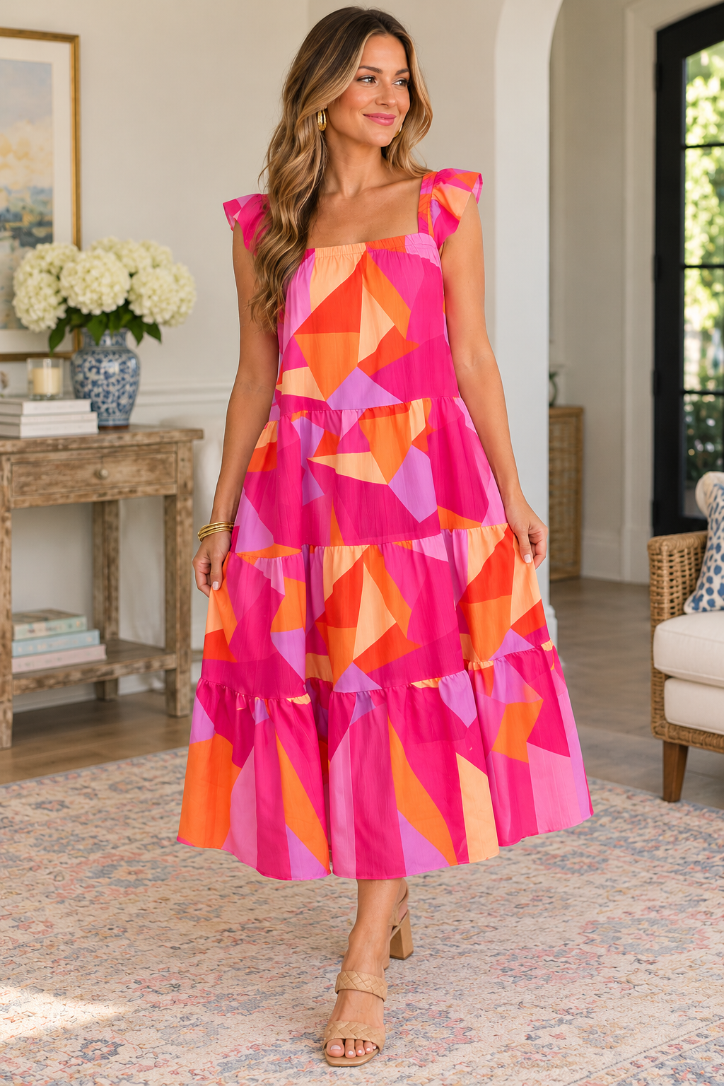 Abstract Print Tiered Nap Dress