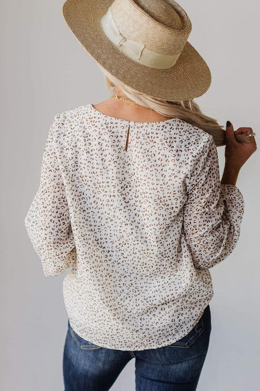 Ivory/Tan Leopard Print Balloon Sleeve Blouse