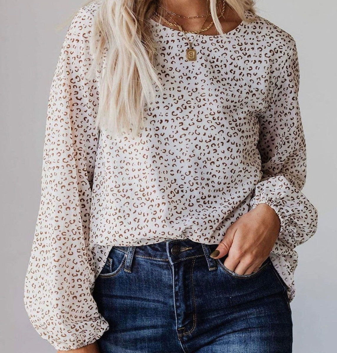 Ivory/Tan Leopard Print Balloon Sleeve Blouse