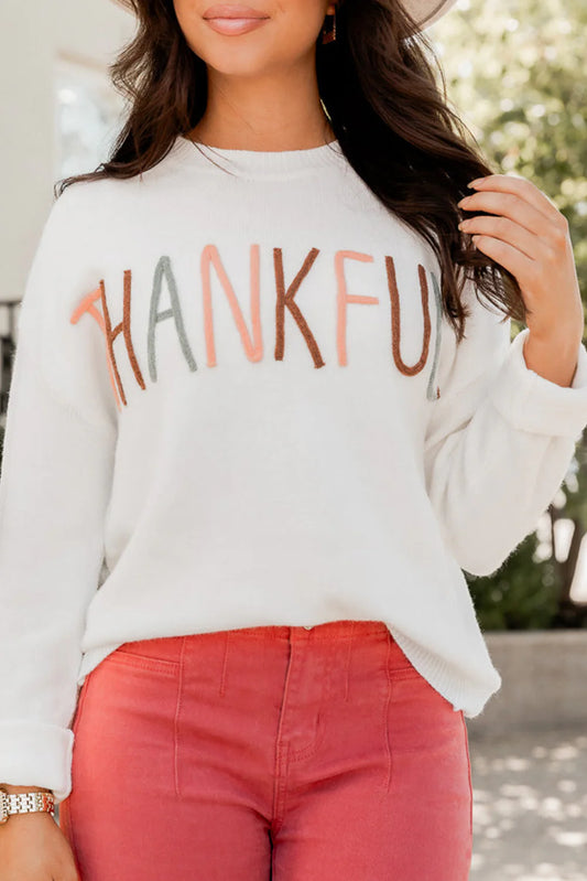 We Are Thankful Script Knit Sweater