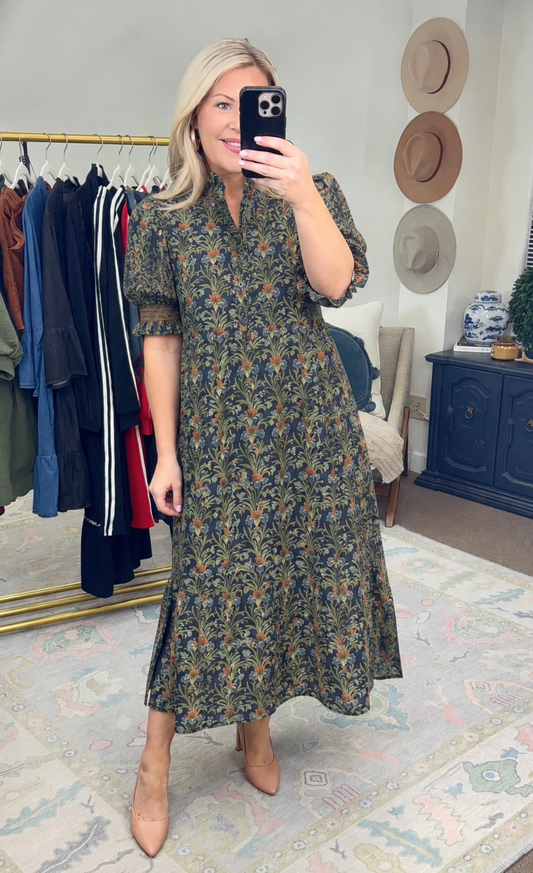 Manor Born Puff Sleeve Midi Dress