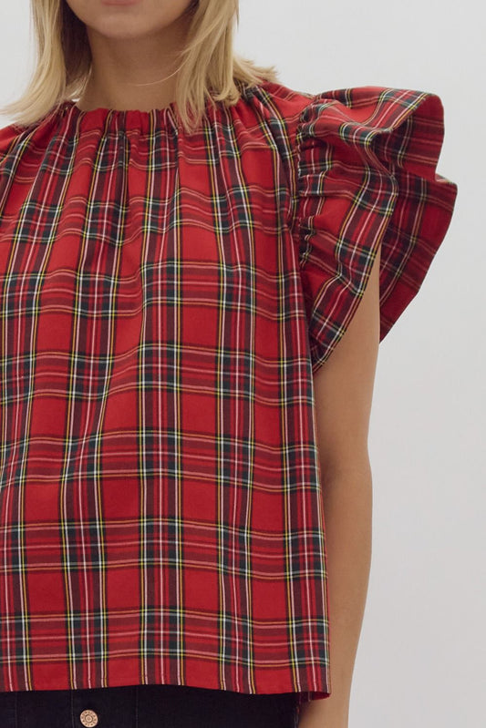 Darling Holiday Tartan Plaid Flutter Sleeve Blouse