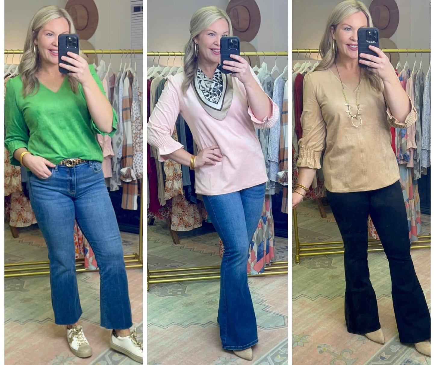 Suede Flounce Sleeve Blouse