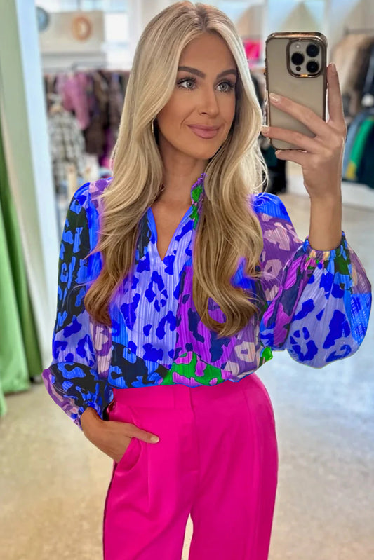Liza Frank Abstract Leopard Print Pleated Blouse
