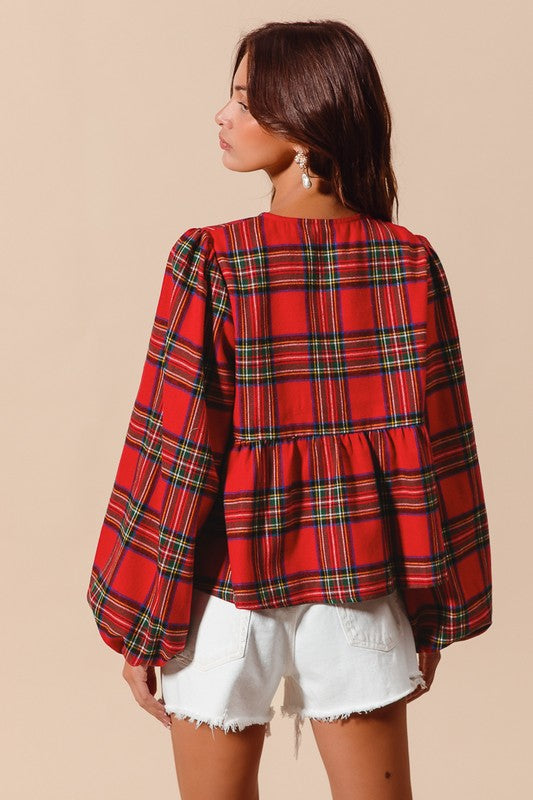 Festive Flirt Tartan Tie Babydoll Top