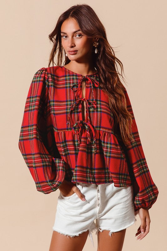 Festive Flirt Tartan Tie Babydoll Top