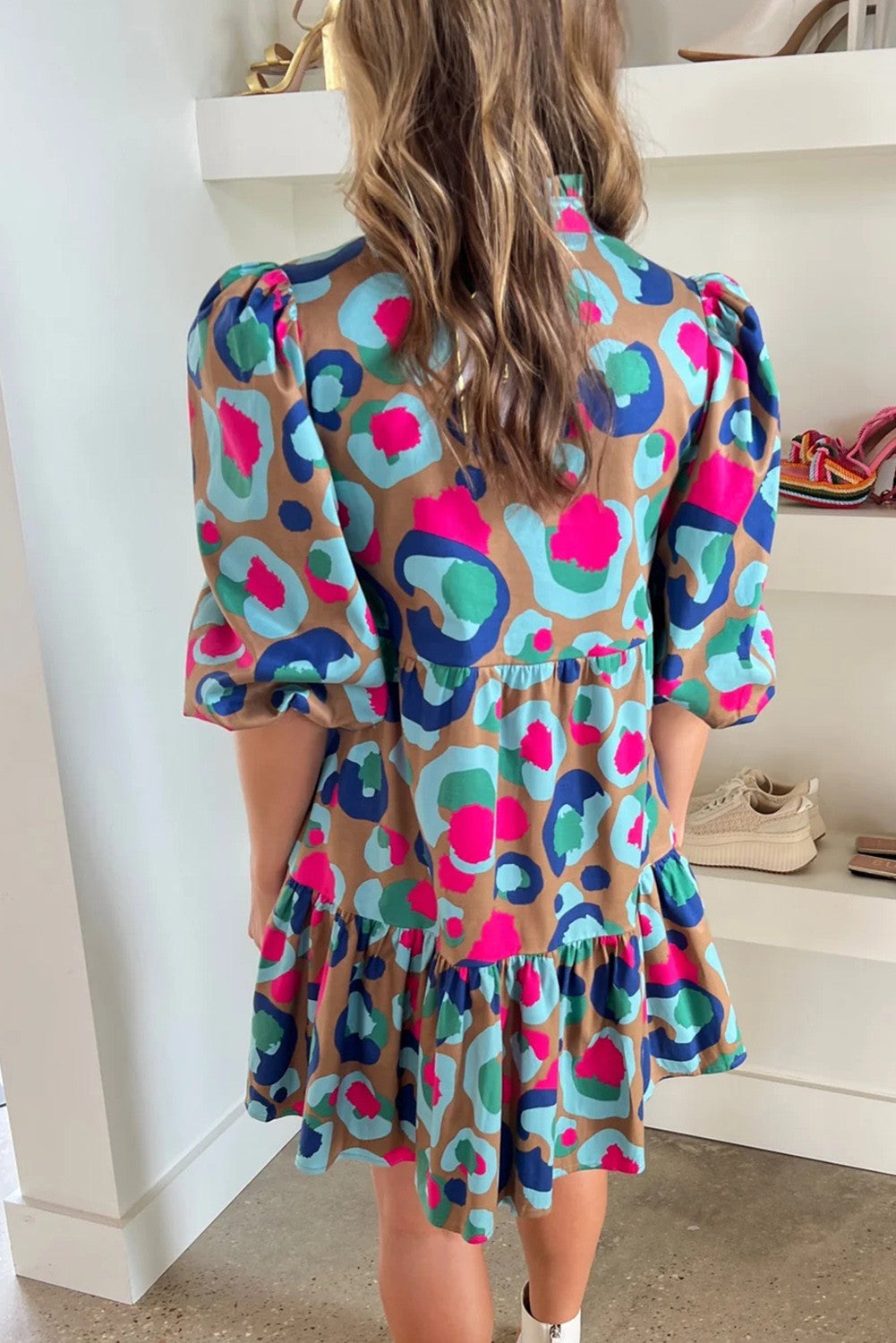 Abstract Leopard Puff Sleeve Dress