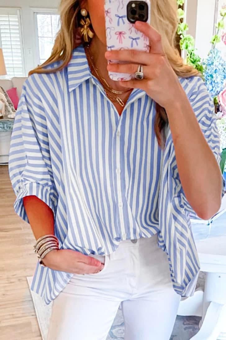 **MORE COLORS** Stripe Dolman Sleeve Button Down Blouse