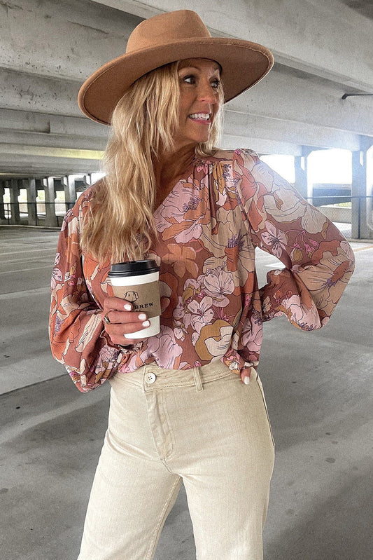 Retro Floral Smocked Wrist Blouse