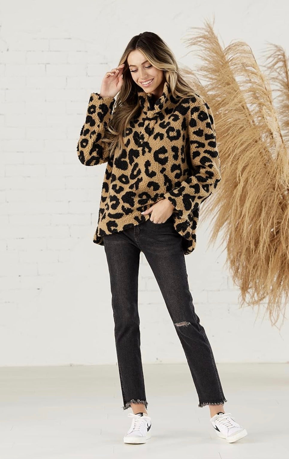 Tan Leopard Deep Pile Sherpa Pullover