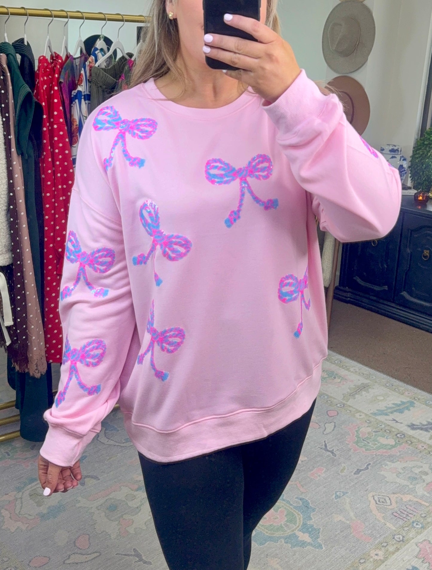 Fit To Be Tied Sequin Bow Pullover Top