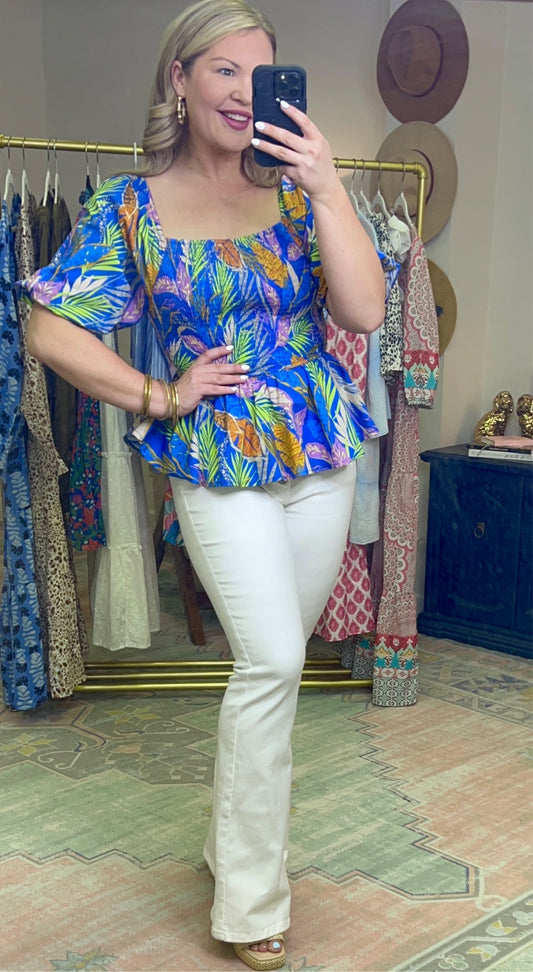 Blue Palm Print Puff Sleeve Peplum Top