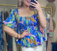 Blue Palm Print Puff Sleeve Peplum Top