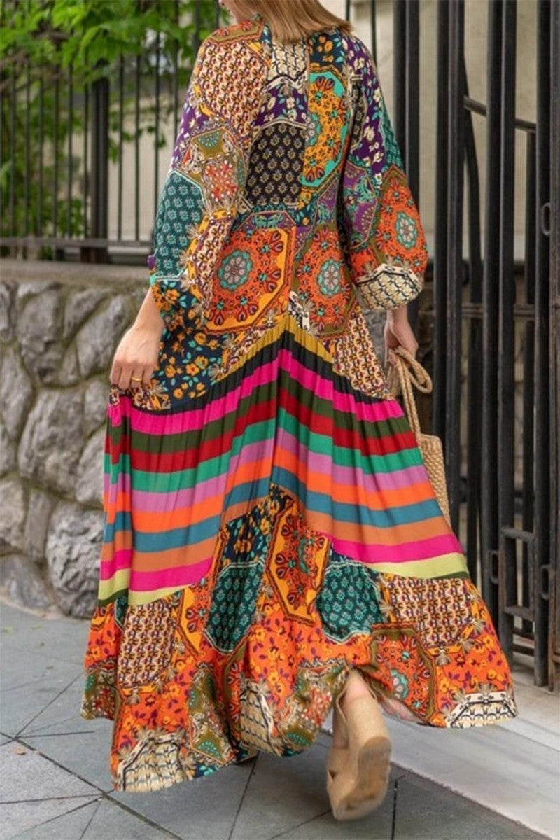 Boho Mixed Print Puff Sleeve Maxi