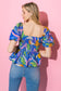Blue Palm Print Puff Sleeve Peplum Top