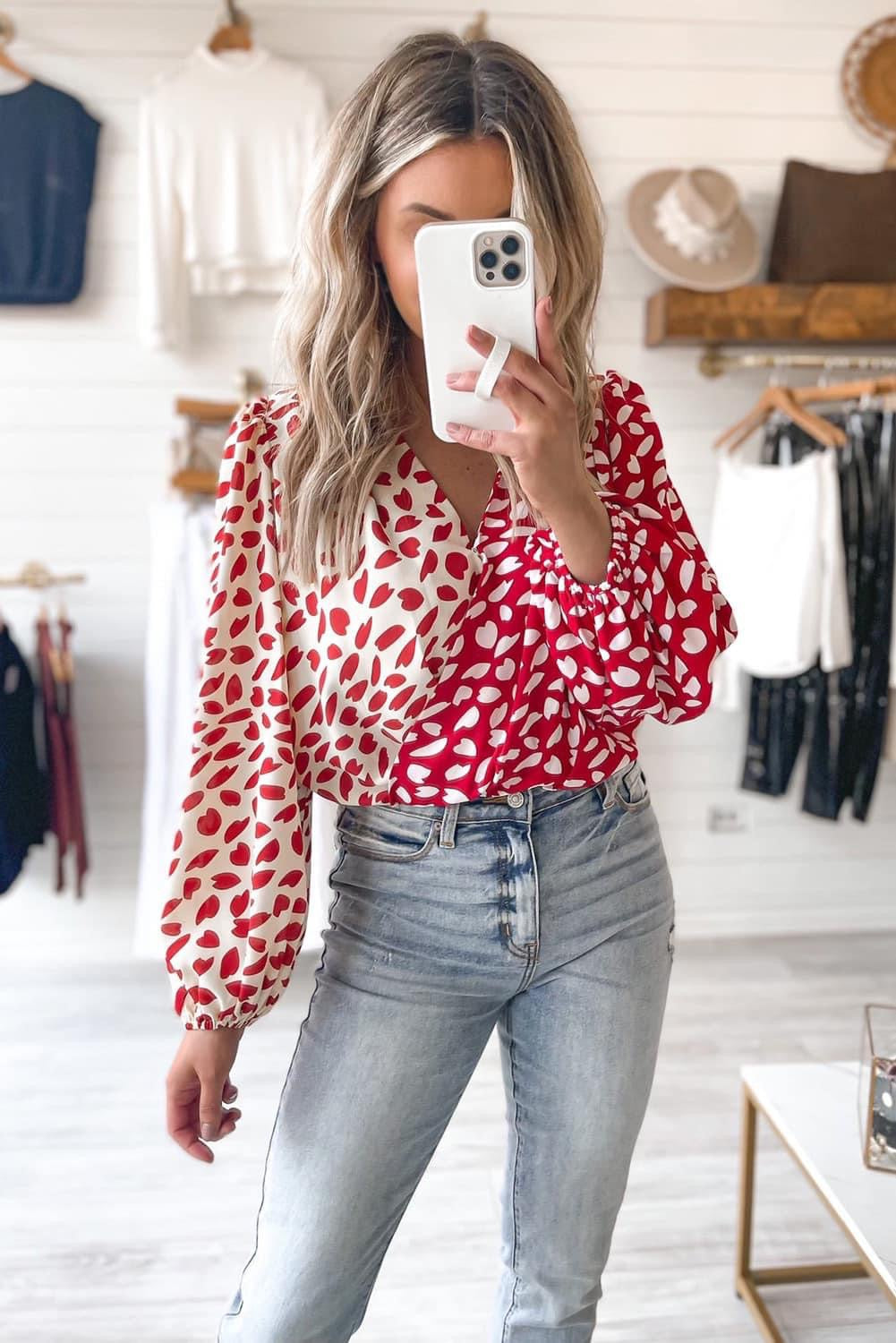 CYBER MONDAY Red Contrast Print Balloon Sleeve Bodysuit