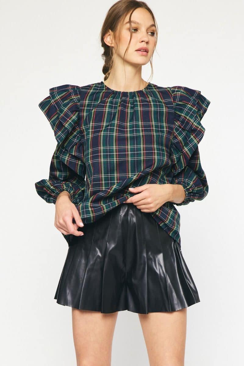 **MORE COLORS** Tartan Plaid Ruffle Blouse