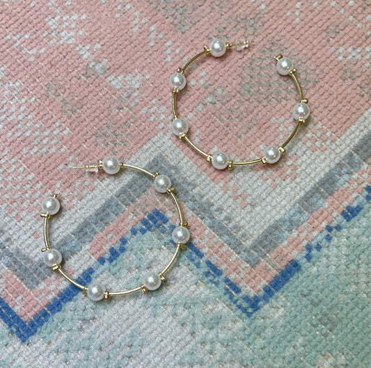 SALE Gold Pearl Open Hoop Earrings