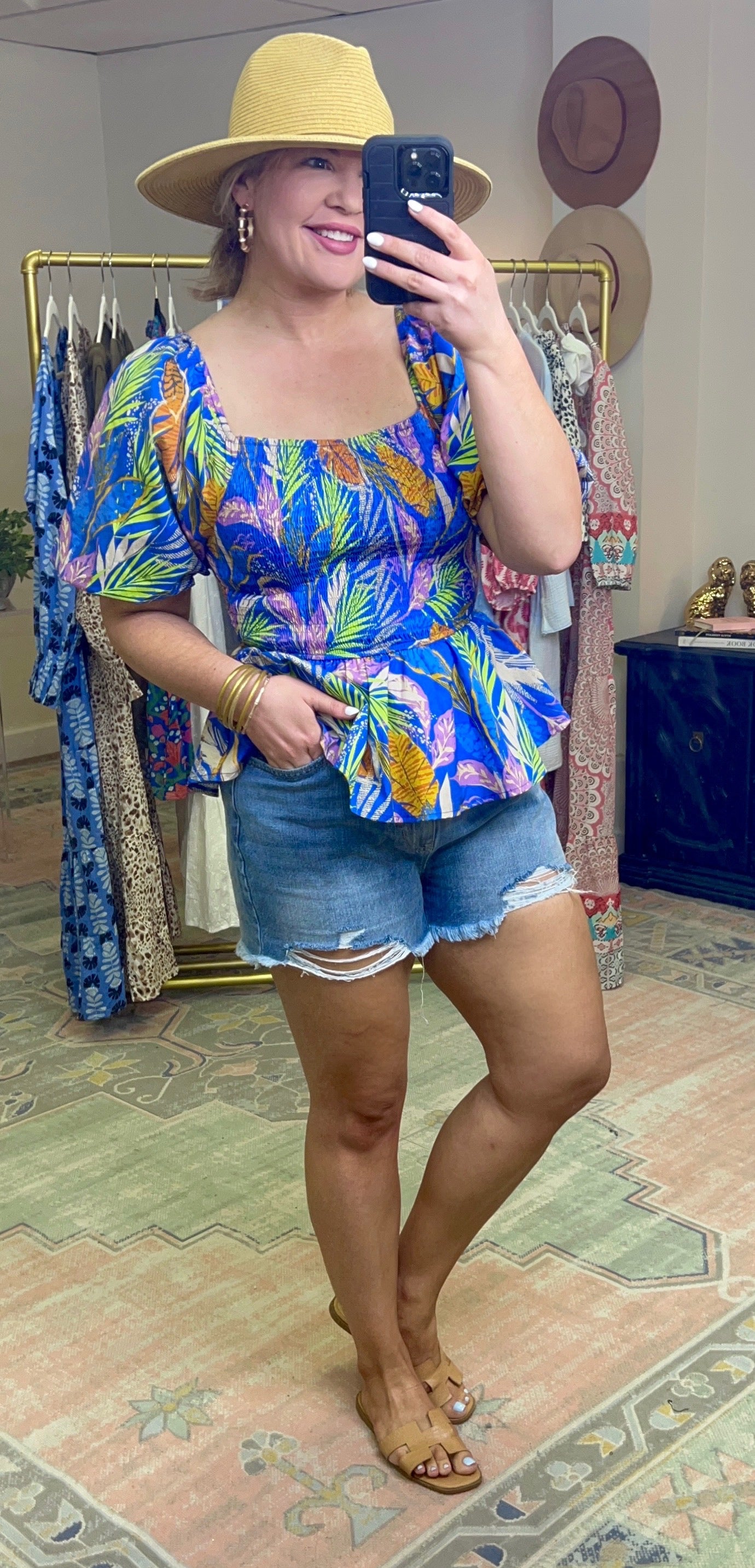 Blue Palm Print Puff Sleeve Peplum Top