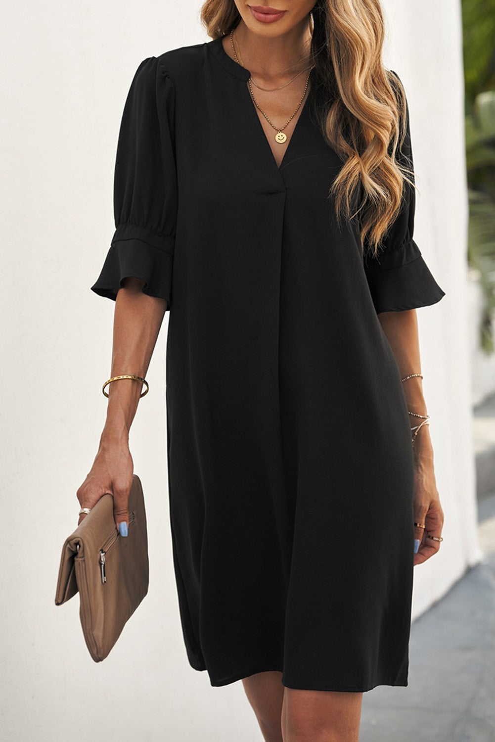 **MORE COLORS** Short Sleeve Split Neck Ruffle Shift Dress