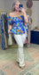 Blue Palm Print Puff Sleeve Peplum Top