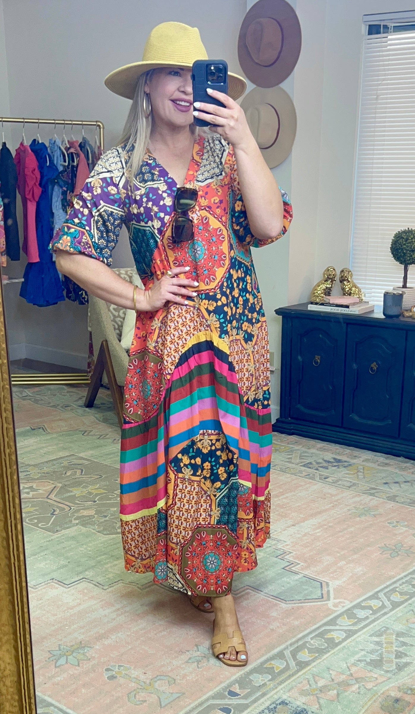 Boho Mixed Print Puff Sleeve Maxi