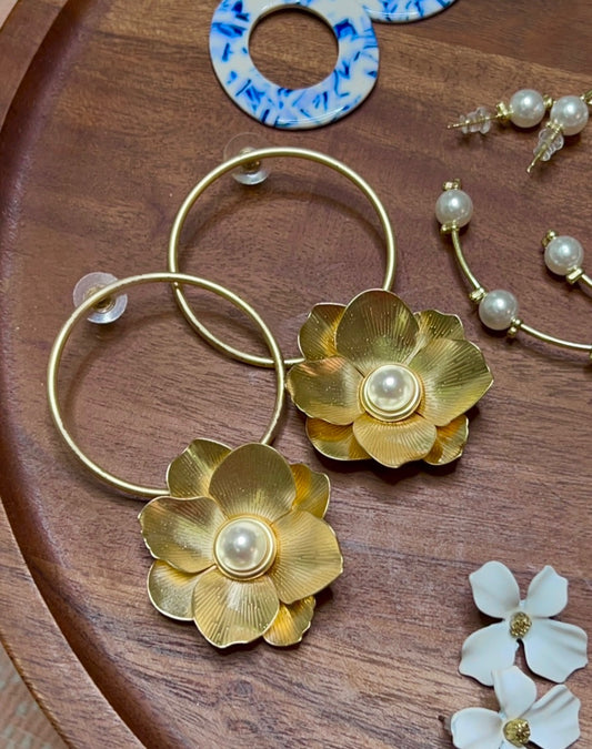 SALE Matte Gold Pearl Flower Hoop Earrings