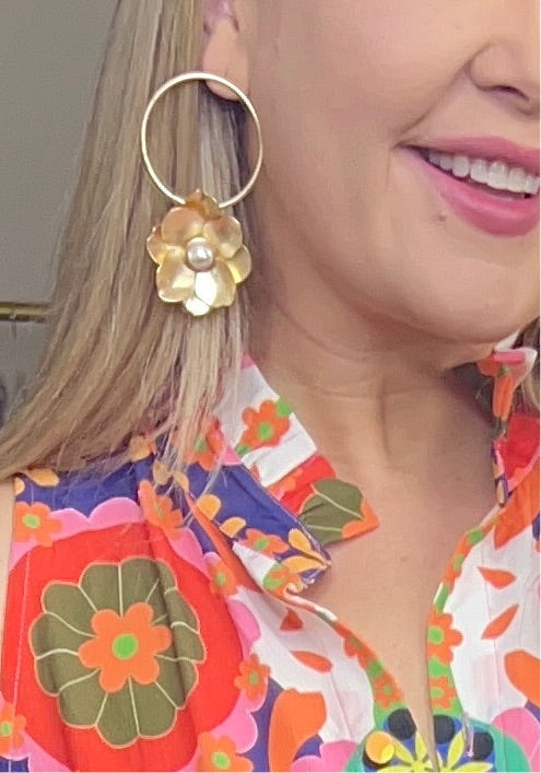 SALE Matte Gold Pearl Flower Hoop Earrings