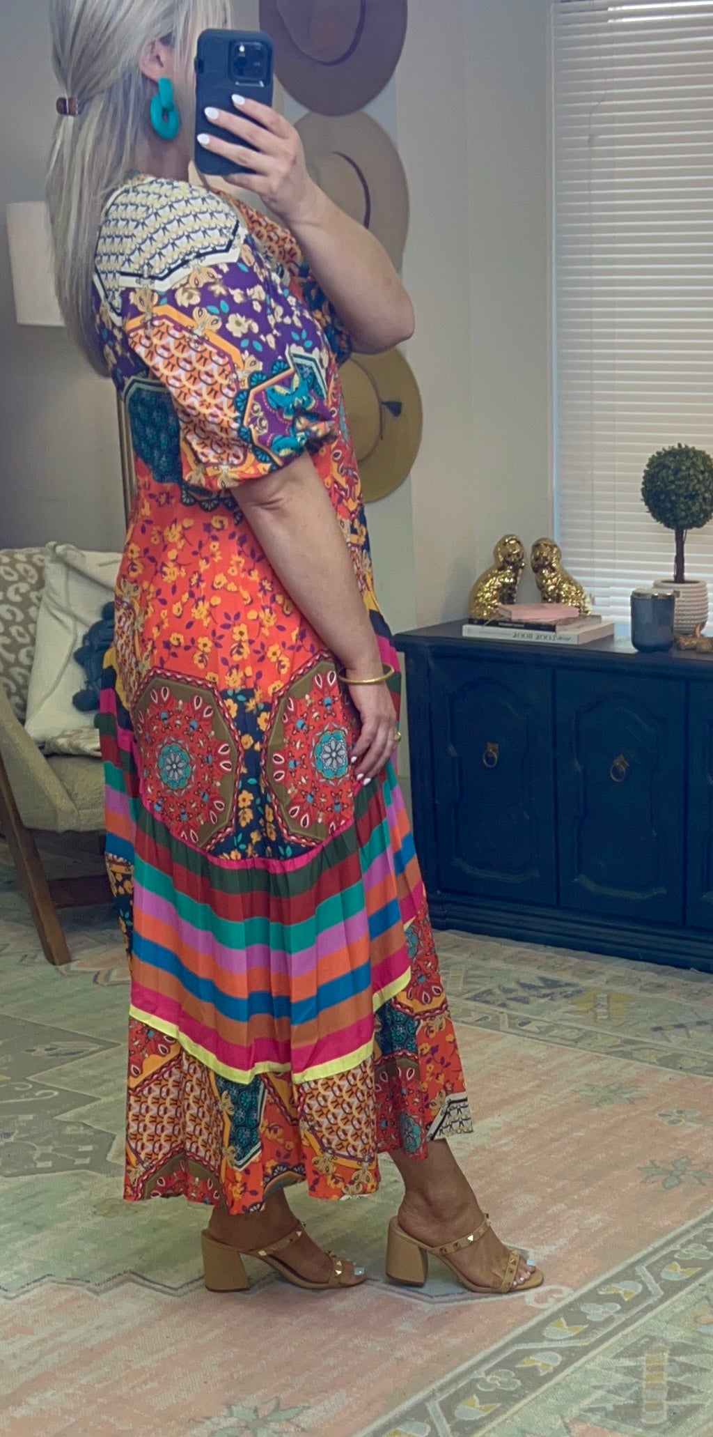 Boho Mixed Print Puff Sleeve Maxi