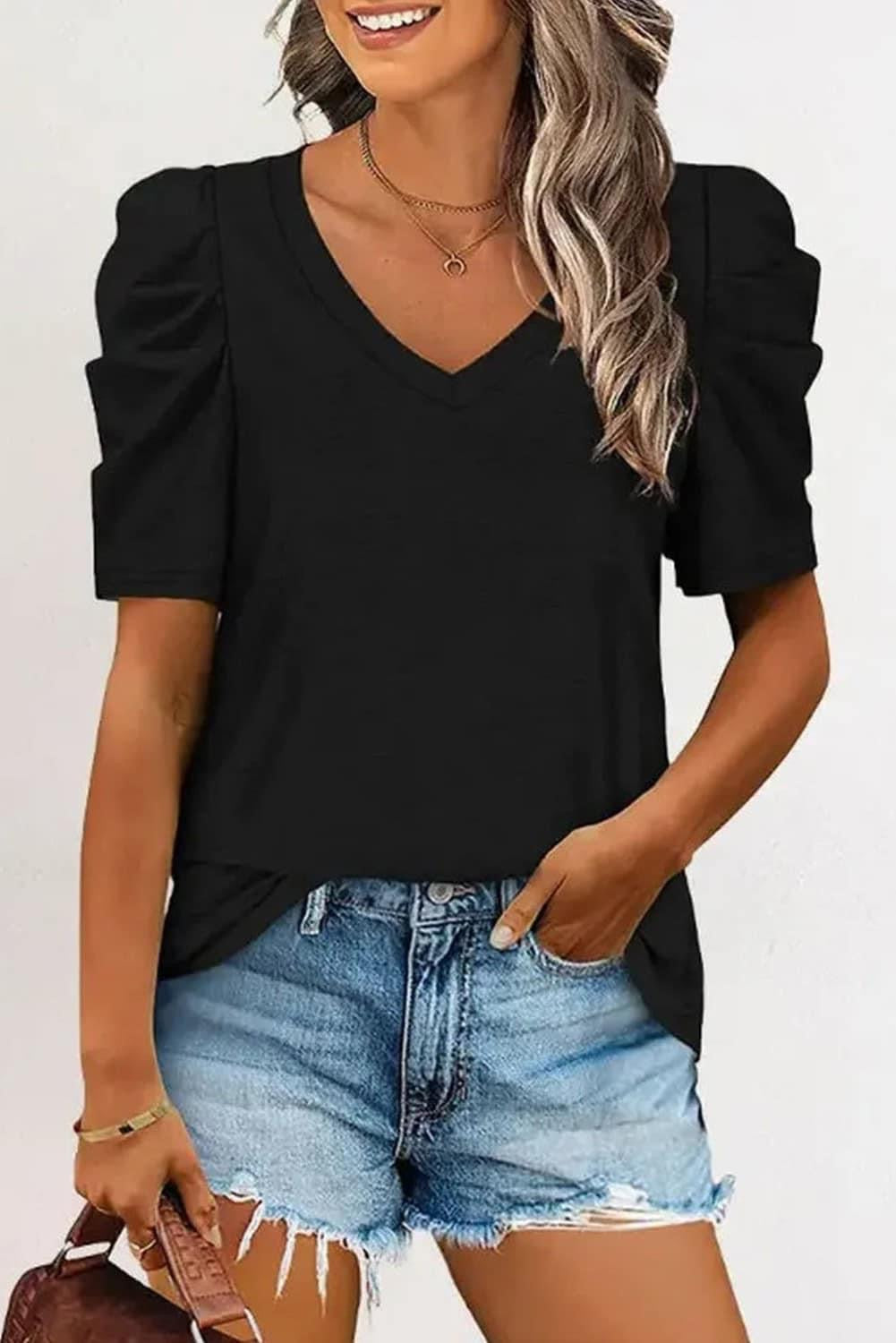 MORE COLORS Puff Sleeve V-Neck Top