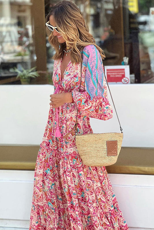 Red Boho Paisley Print Maxi Dress
