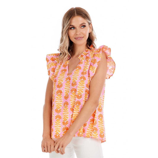 Orange Print Flutter Sleeve Top