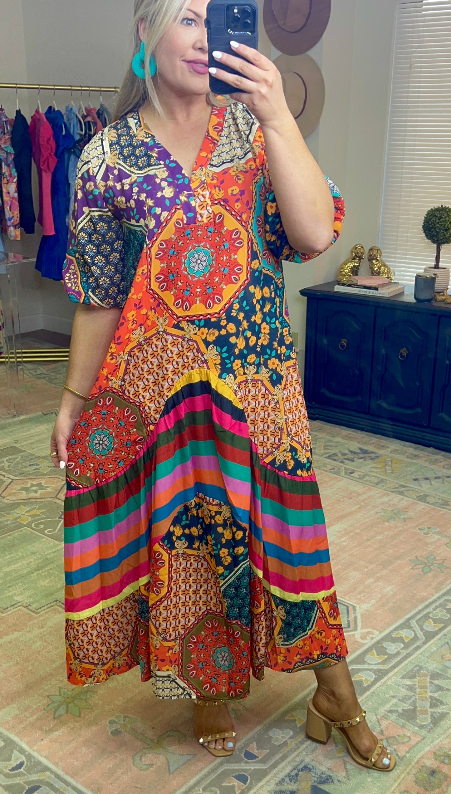 Boho Mixed Print Puff Sleeve Maxi