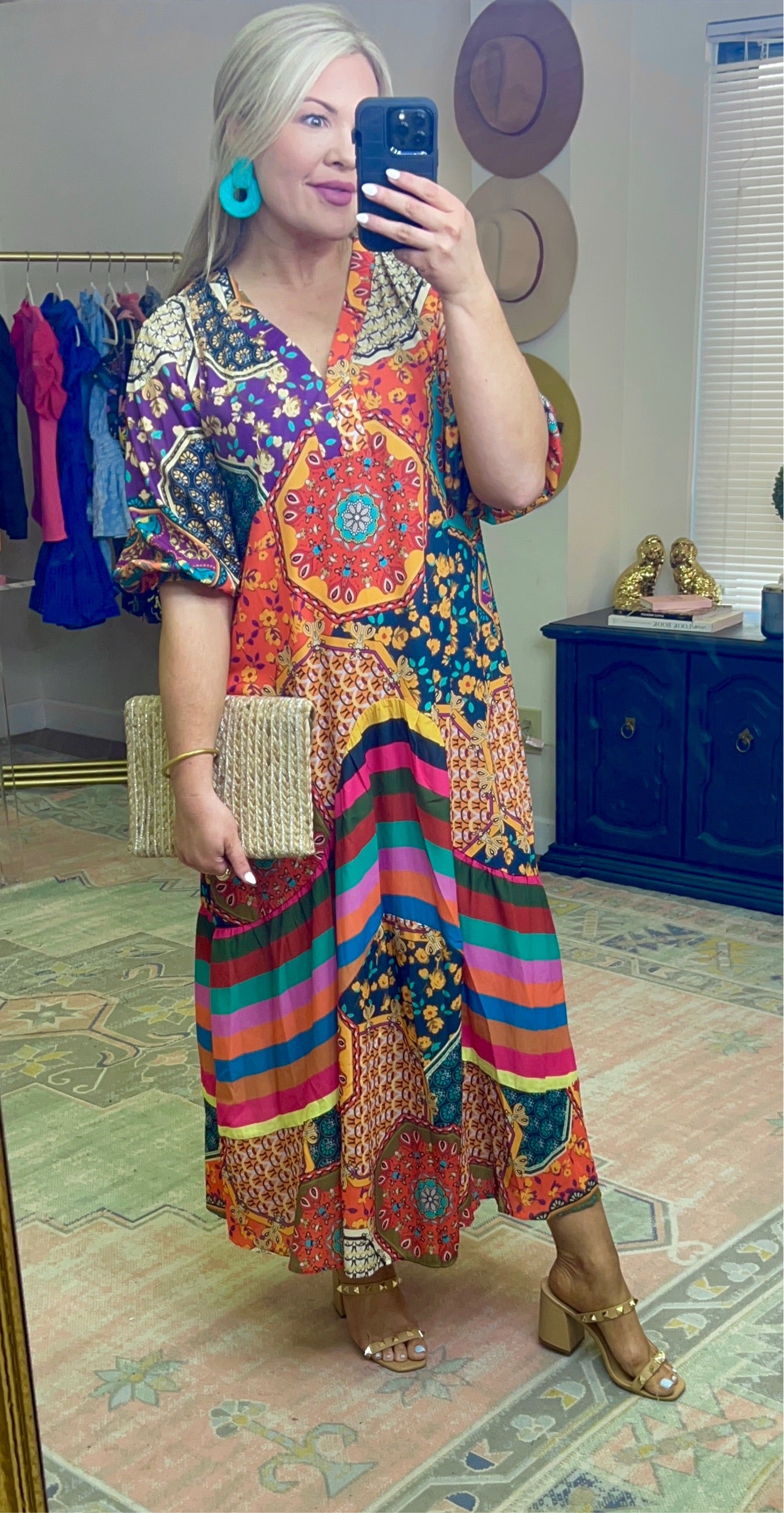 Boho Mixed Print Puff Sleeve Maxi