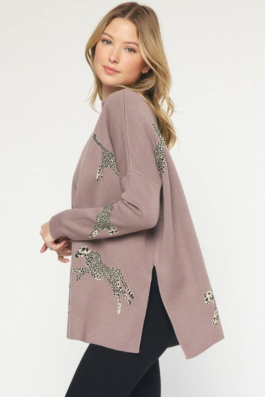ENTRO: Cheetah Print Mock Neck Sweater