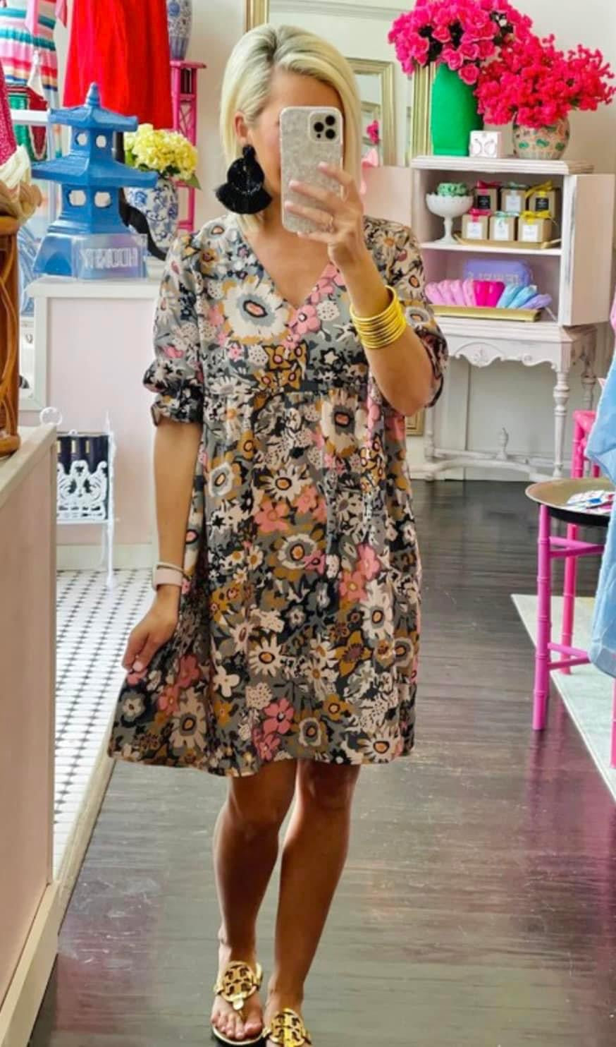 Puff Sleeve Retro Floral Print Dress