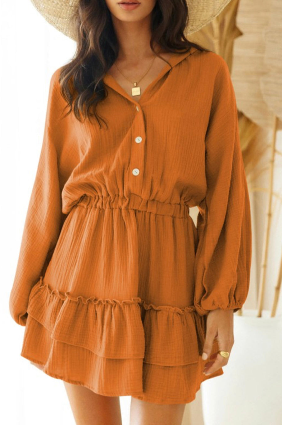 Ruffle Cinch Waist Shirt Dress