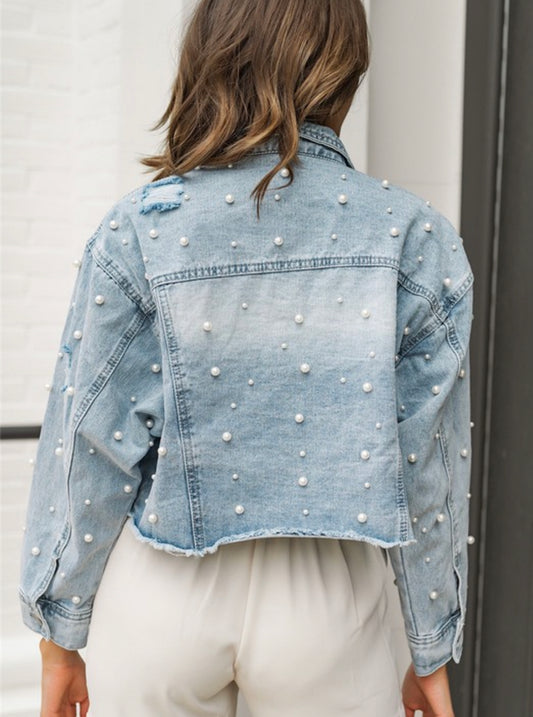 Distressed Pearl Embellished Denim Jacket