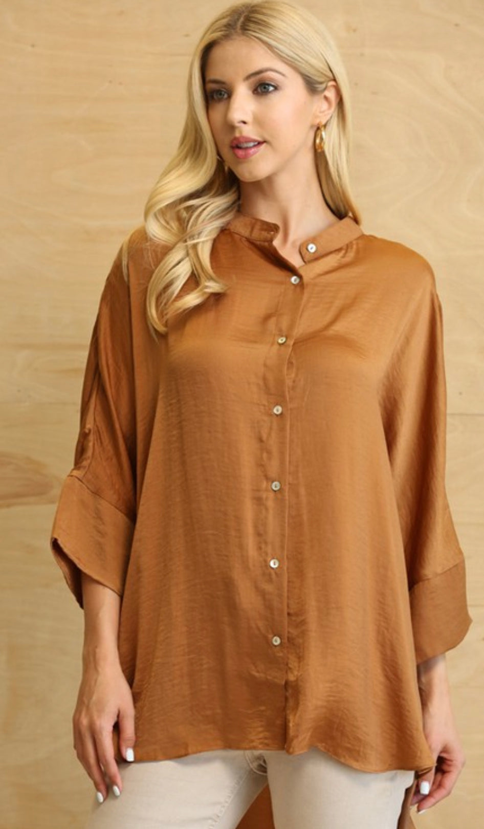 **MORE COLORS** Hi-Lo Satin Button Down Blouse
