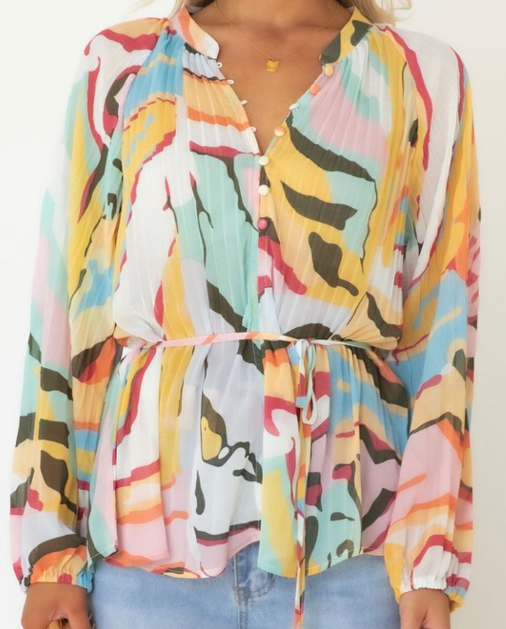Pleat & Repeat Abstract Print Blouse