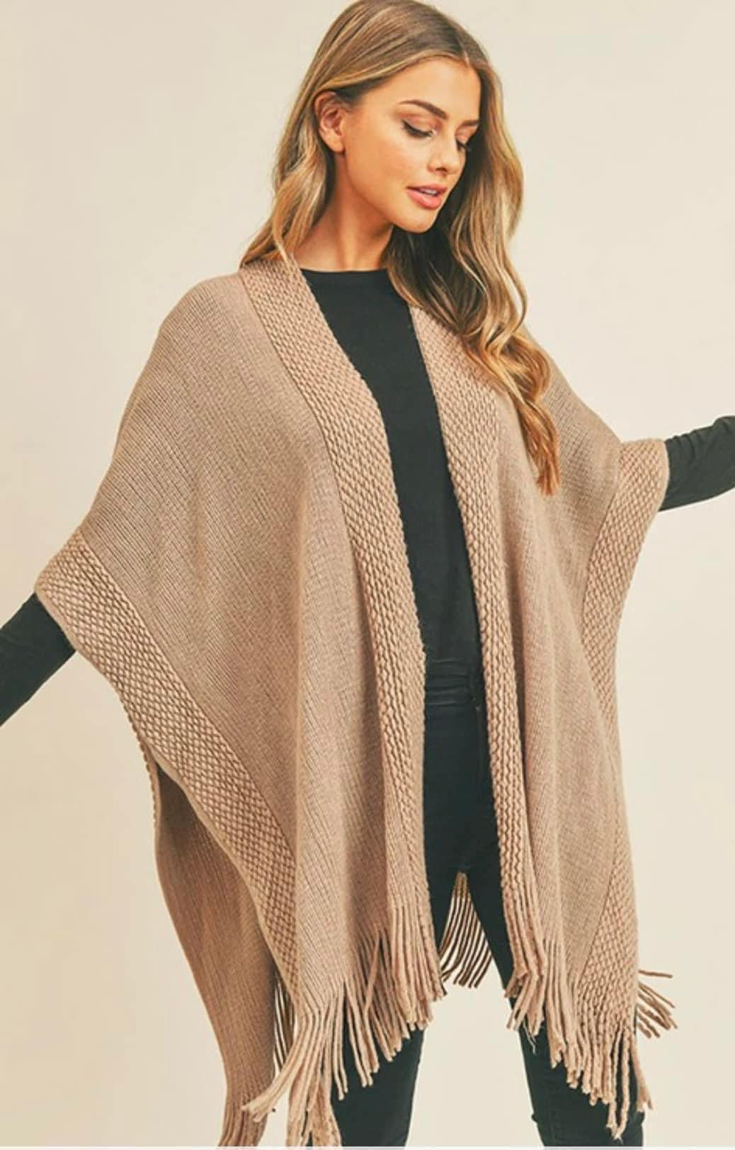 **MORE COLORS** Knit Fringe Ruana Wrap Cardigan
