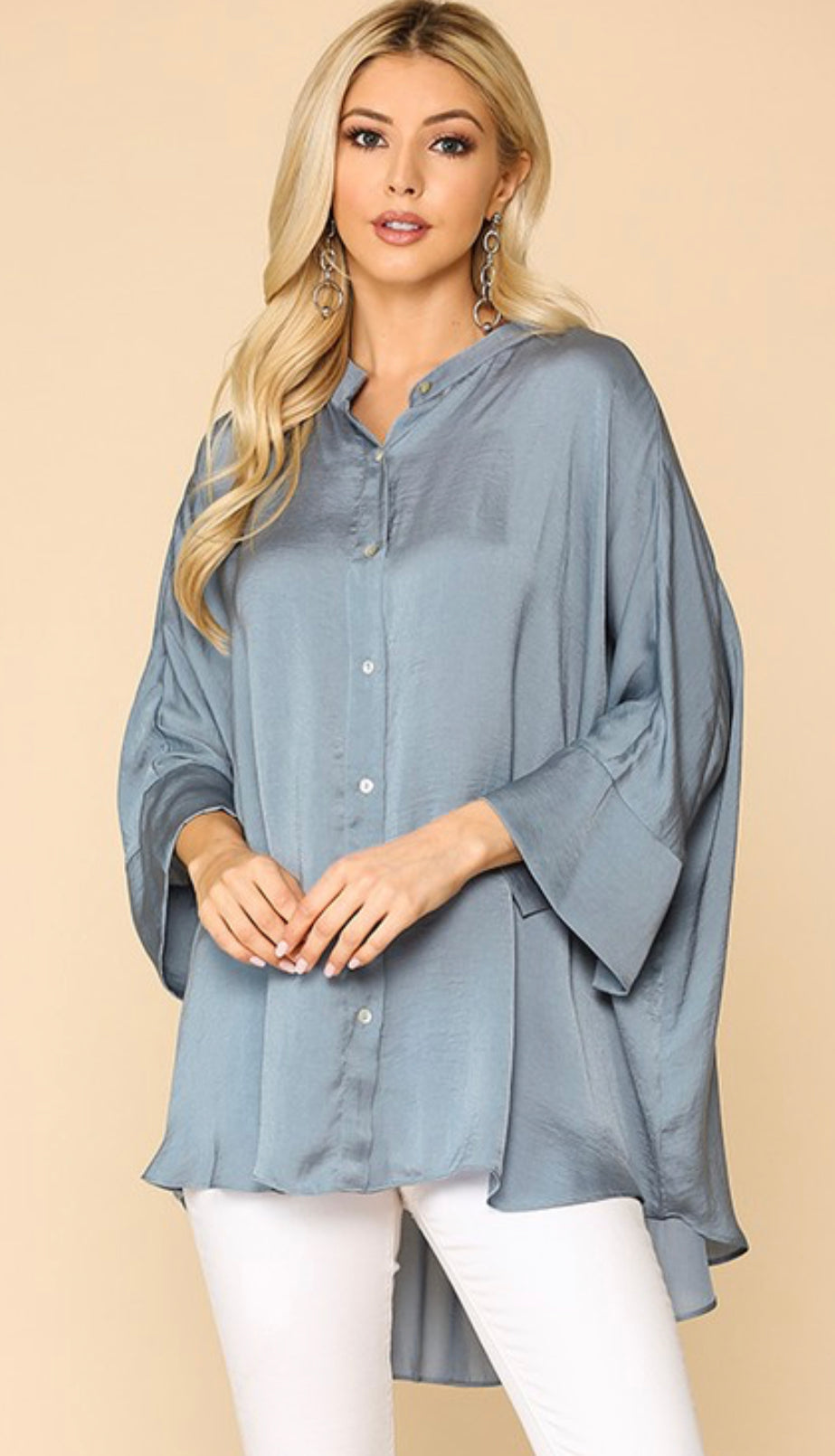 **MORE COLORS** Hi-Lo Satin Button Down Blouse