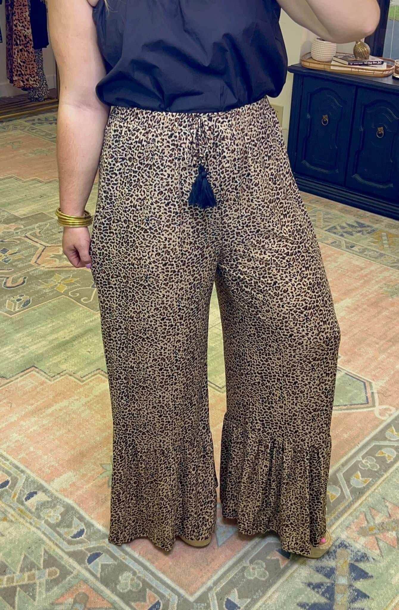 Wide Leg Leopard Ruffle Pants