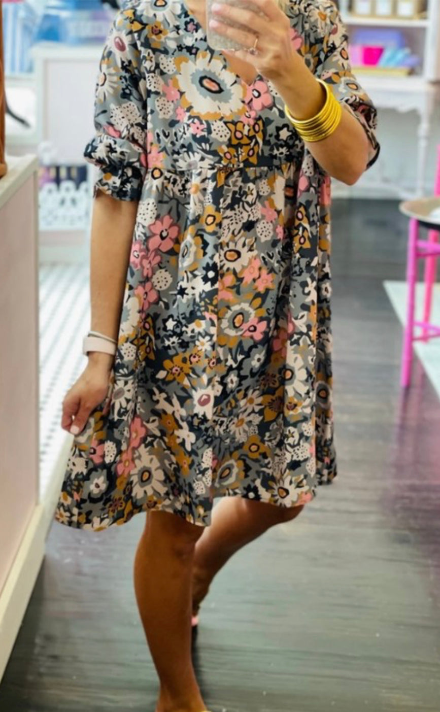 Puff Sleeve Retro Floral Print Dress