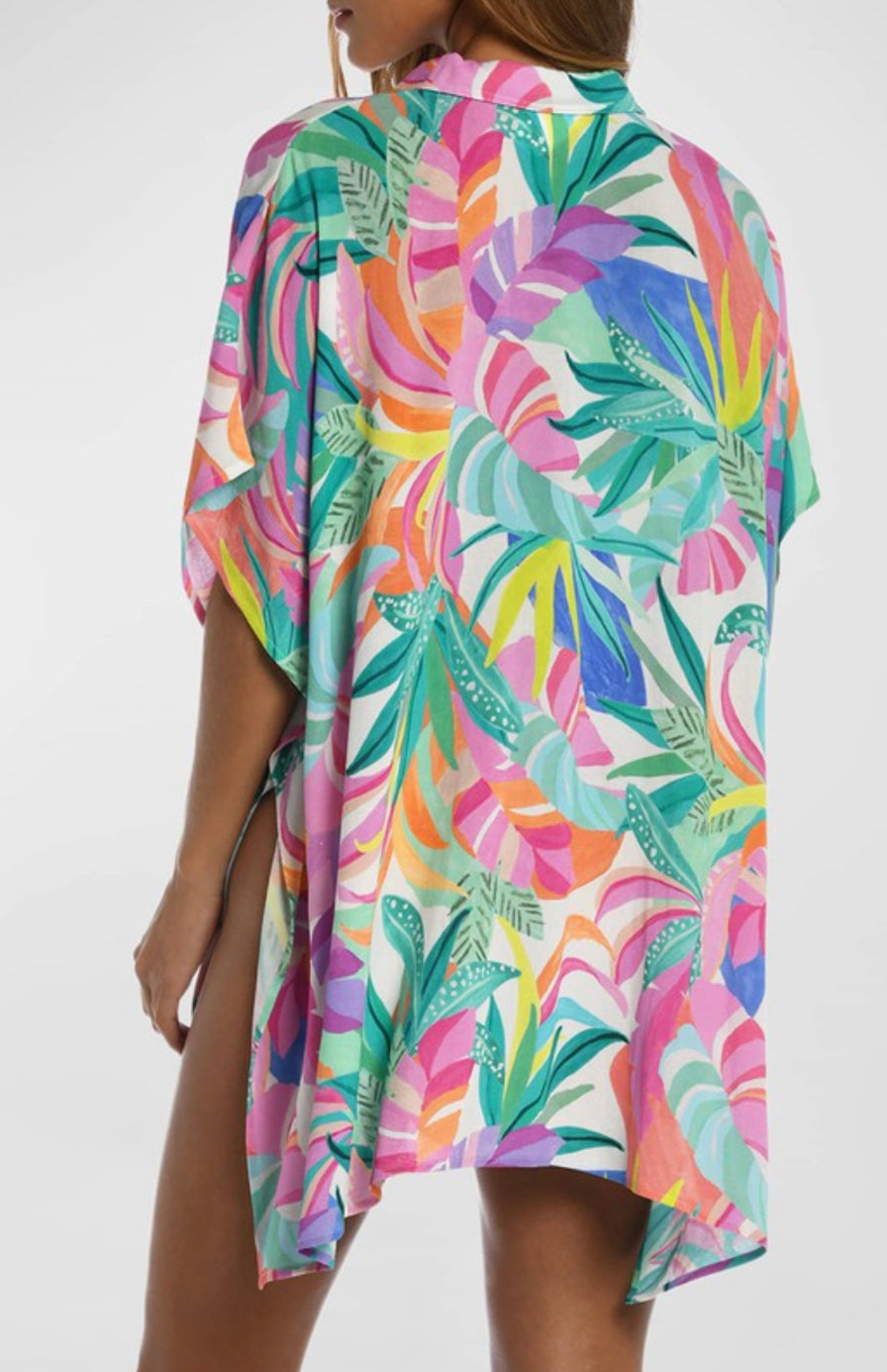 Tropical Print Button Down Cover Up