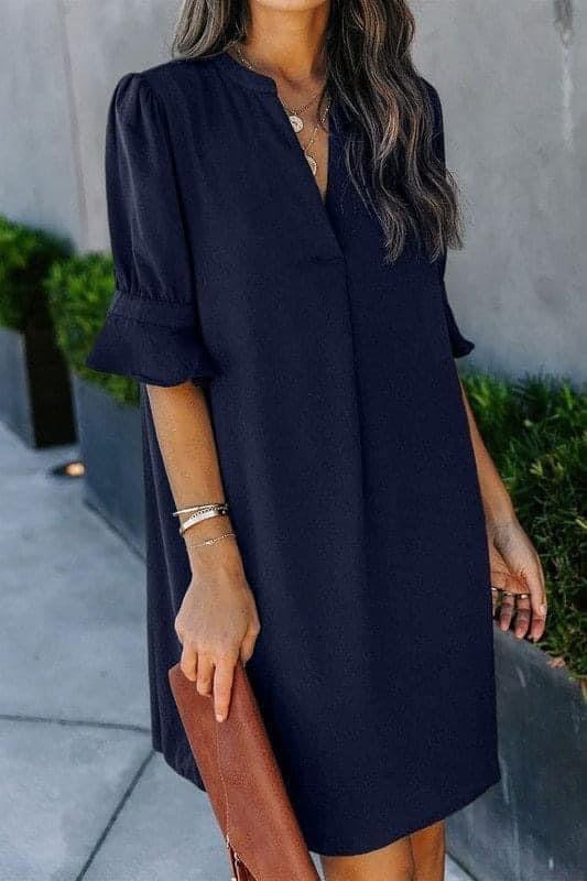 **MORE COLORS** Short Sleeve Split Neck Ruffle Shift Dress
