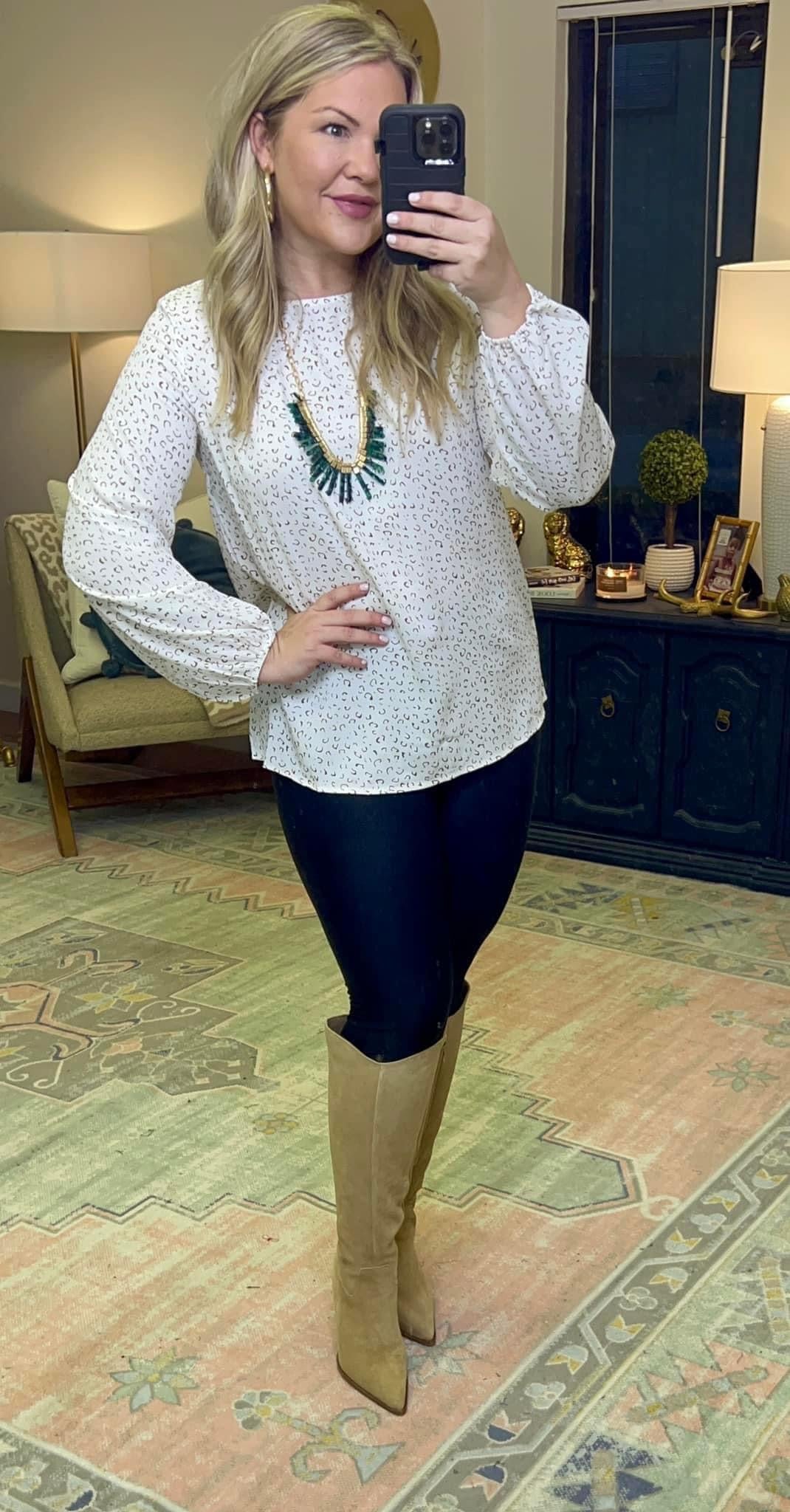 Ivory/Tan Leopard Print Balloon Sleeve Blouse