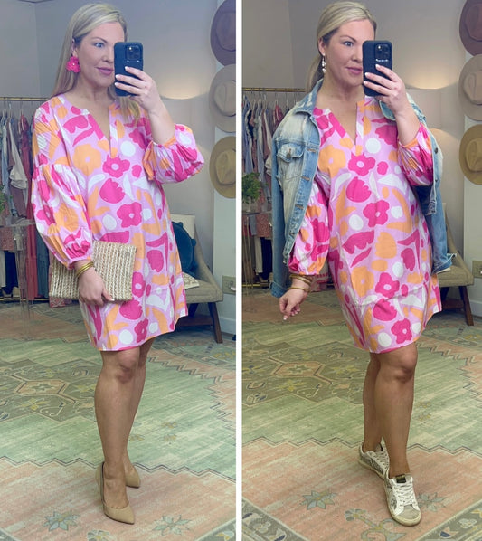 Poplin Print Balloon Sleeve Dress