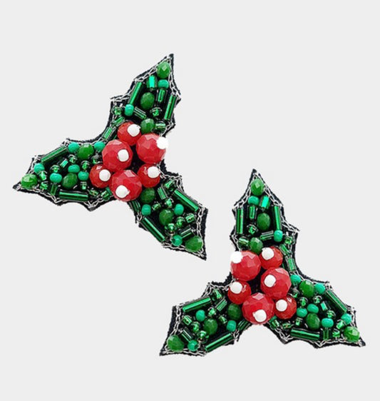 Beaded Holly Leaf Earrings